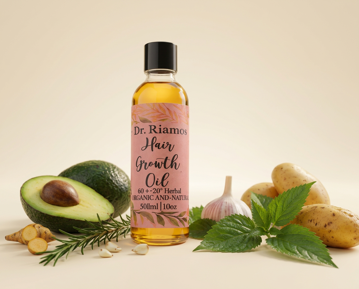 Dr. Riamos Hair Growth Oil bottle with avocado, ginger and herbs