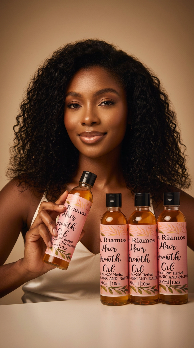 Woman with healthy curls holding Dr. Riamos Hair Growth Oil