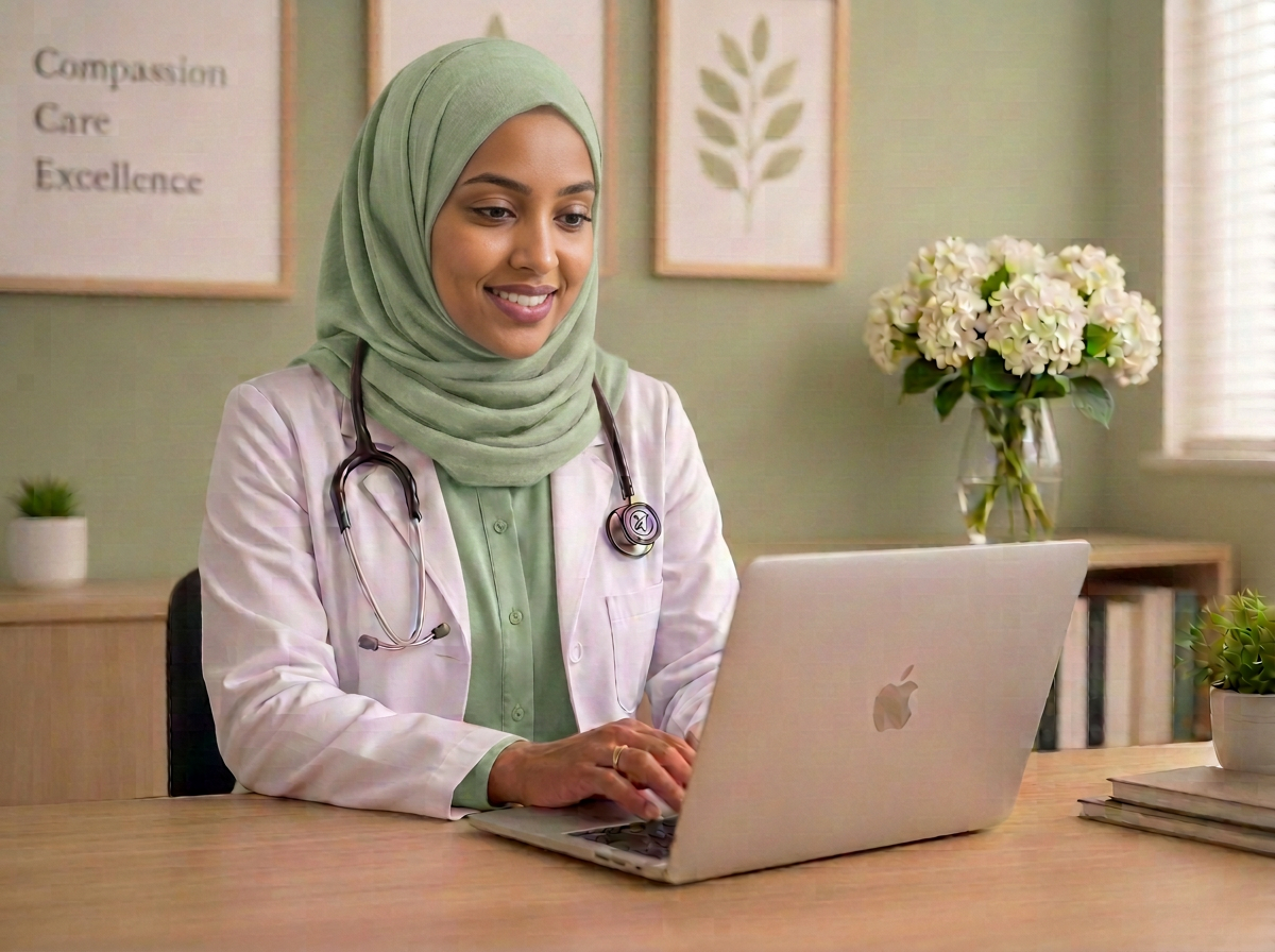 VeraCare doctor consulting a patient online from her clinic desk